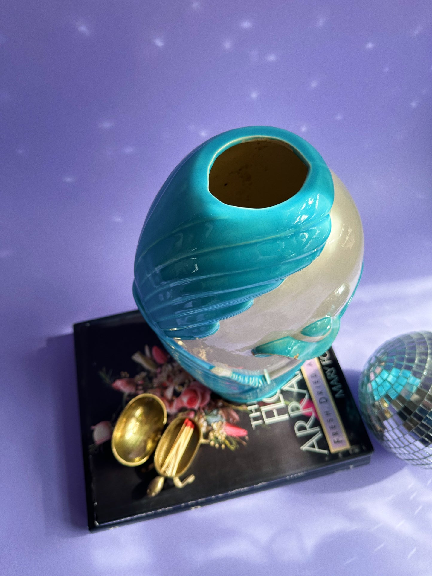 1980s Blue & White Art Deco Revival Ceramic Floral Vase