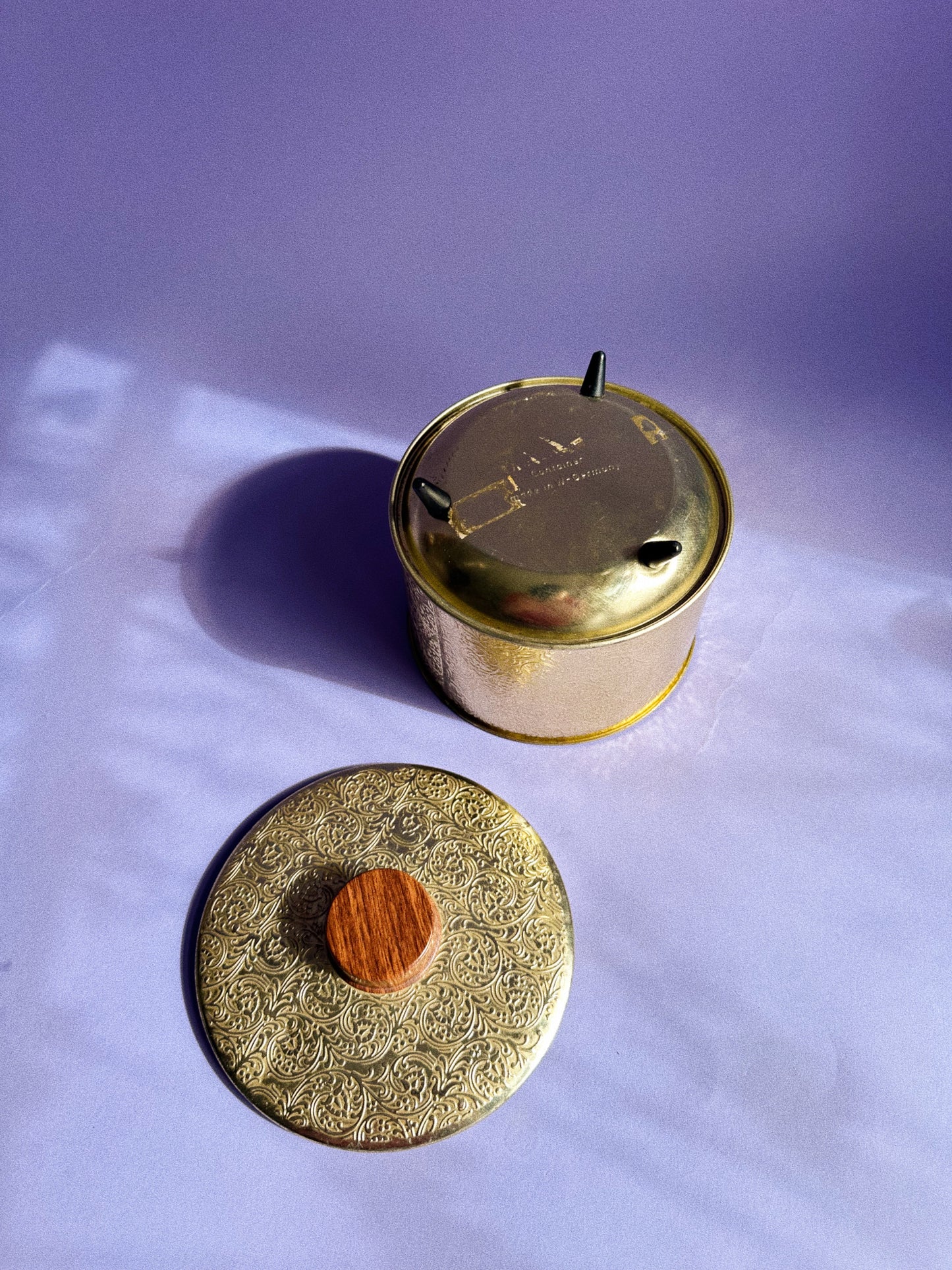 Vintage Gold Round Metal Embossed Container Tapered Legs West Germany