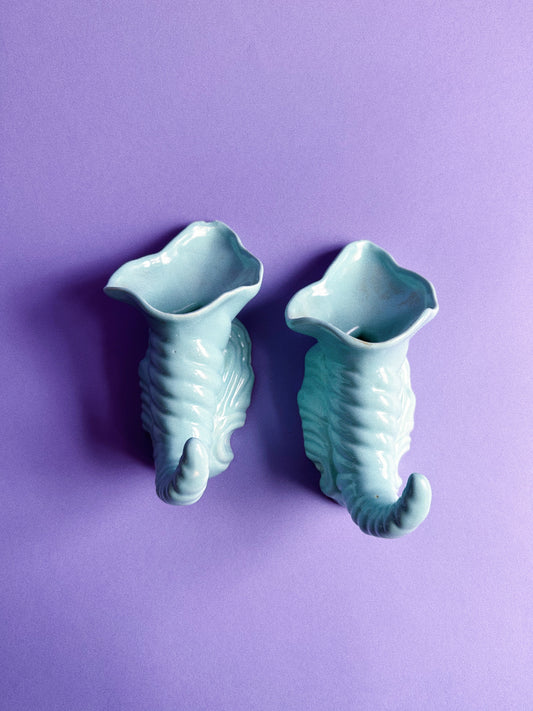 Vintage USA Cornucopia Wall Pockets In Aqua / Turquoise MCM Pottery N-16