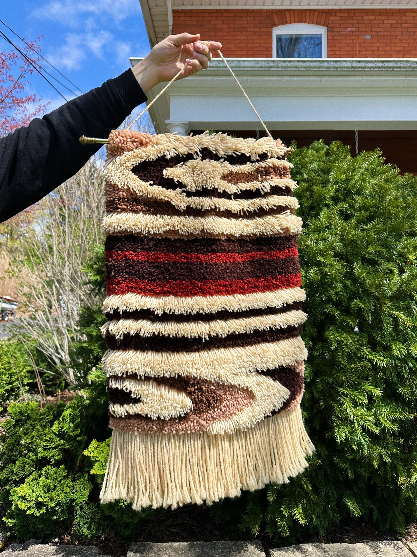 Vintage MCM Latch Hook Wall Art Brass Rod Hanging