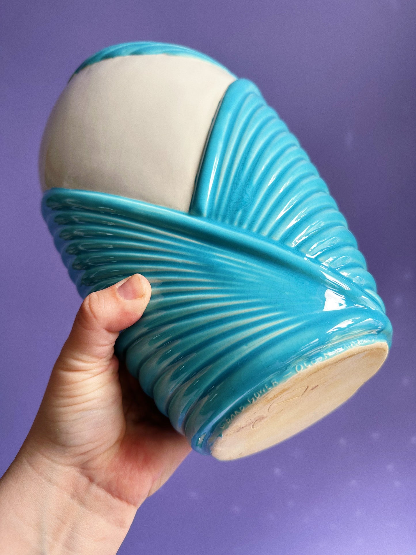 1980s Blue & White Art Deco Revival Ceramic Floral Vase