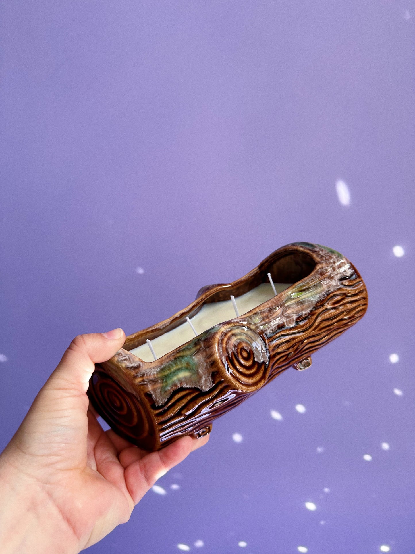 4 Wick Coconut Soy Teakwood Candle In A Vintage Ceramic Glazed Log