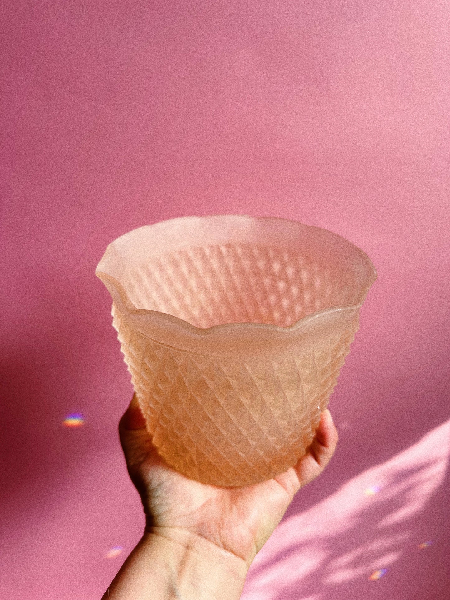 Vintage Heavy Indiana Glass Frosted Pink Diamond Point Planter / Cache Pot