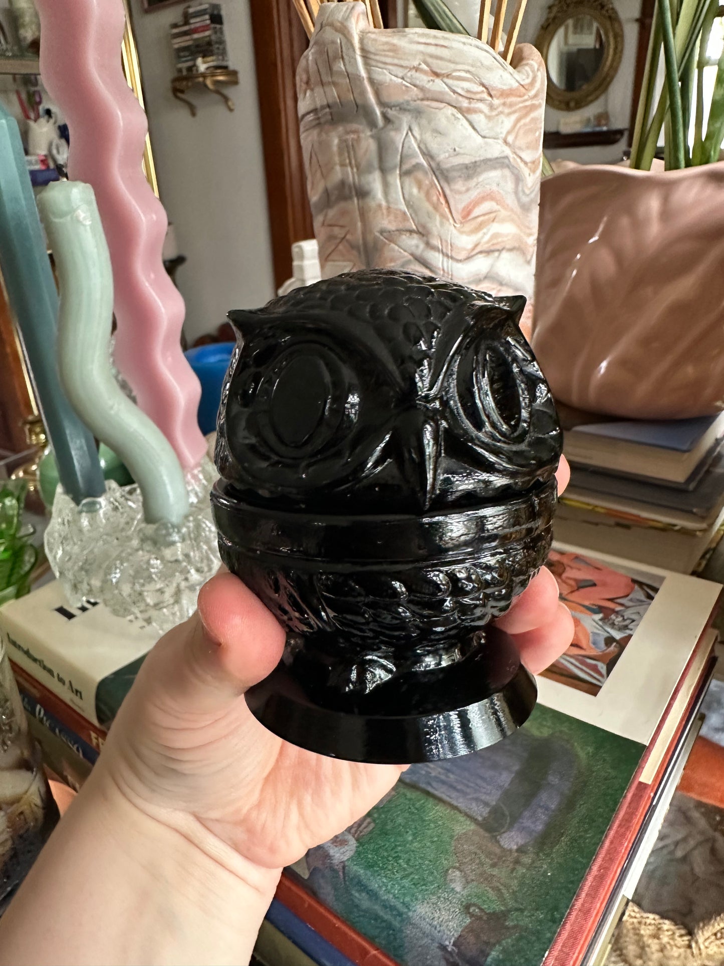 Vintage Fenton Glass Wise Owl Decision Maker Black Trinket Dish – Swivel Head