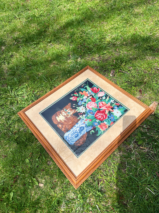 Vintage Framed Needlepoint “Contented Cat" 2413 Orange Tabby Flowers Hallmark
