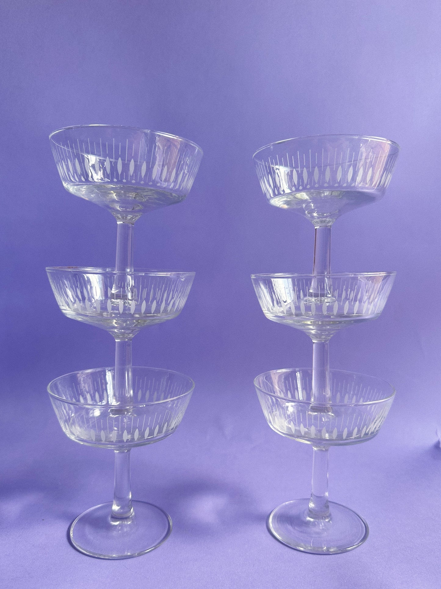 Vintage Set of 6 French Champagne Coupes With Etched Design Made in France
