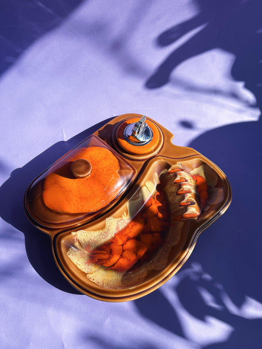 Vintage MCM Ceramic Drip Glazed Large Orange Ashtray Stashtray and Lighter