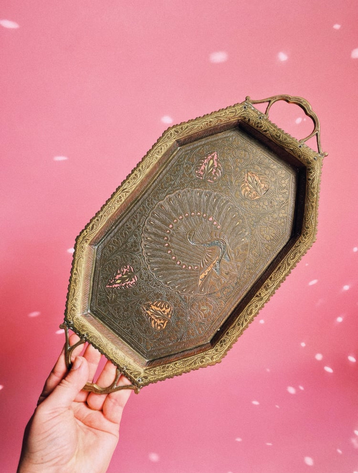 Antique Solid Brass & Enamel Peacock Tray