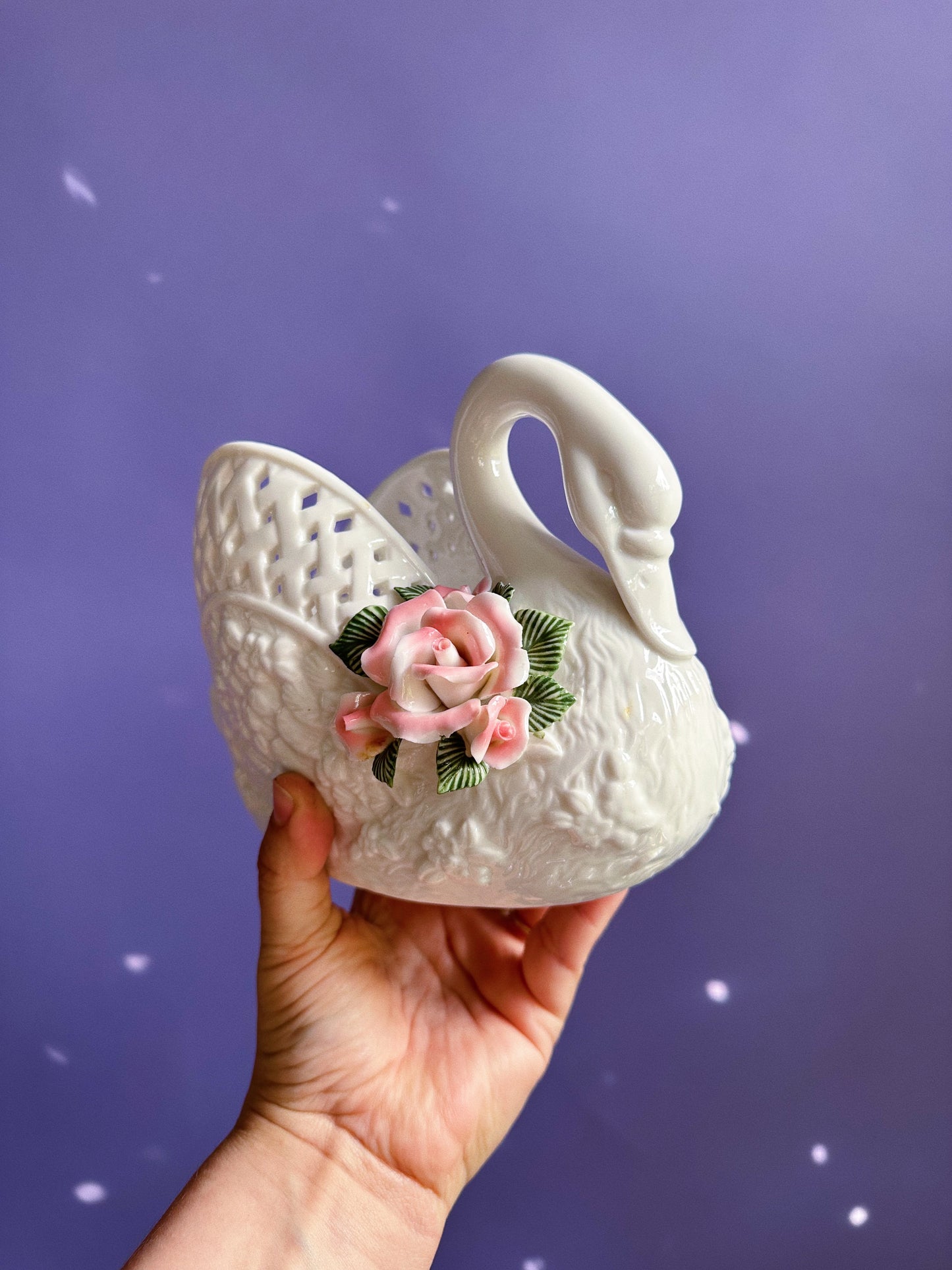 Vintage Porcelain Swan Planter w/ 3D Floral Decor