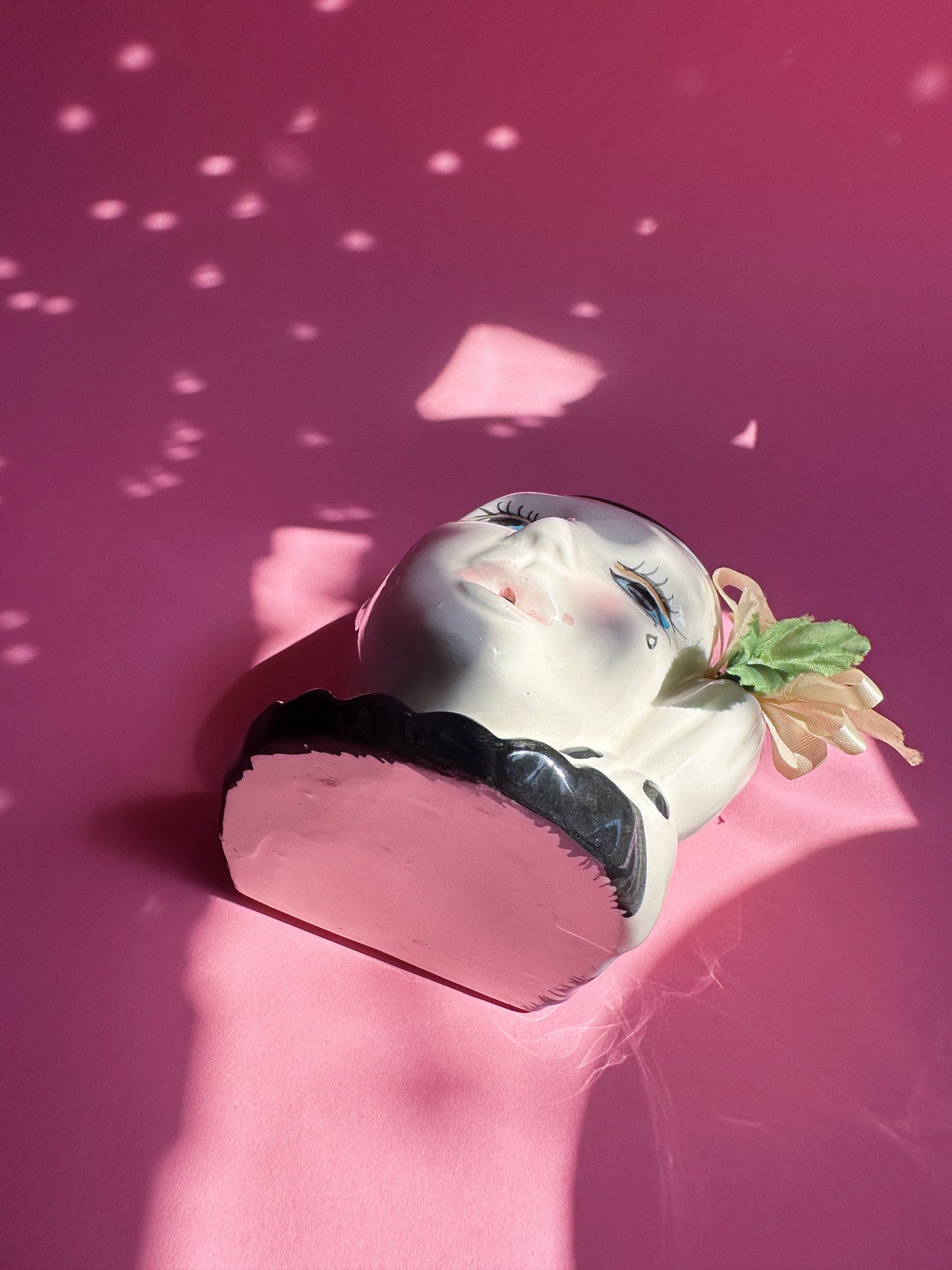 Vintage Ceramic Pierrot Clown Head Twine Dispenser with Pink Flower Accent