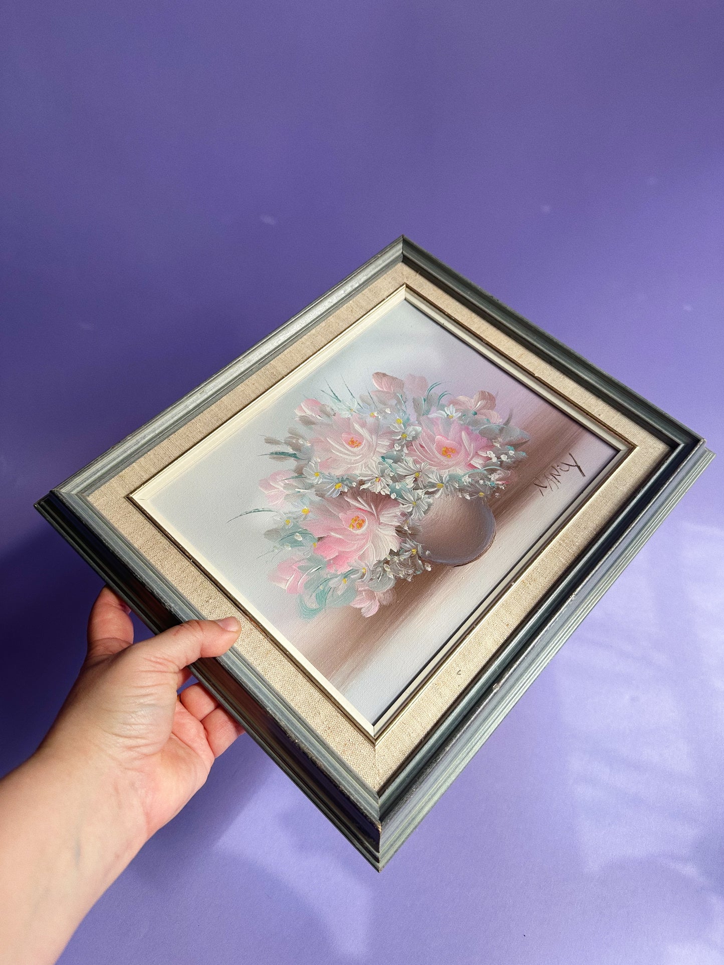 Vintage Framed Pink Floral Oil Painting