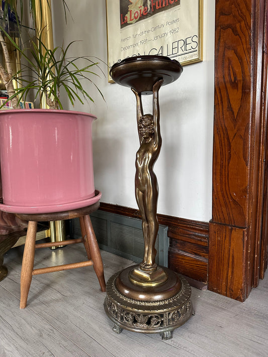 Art Deco Bronzed Spelter Nude Woman Stranding Ashtray | Plant Stand