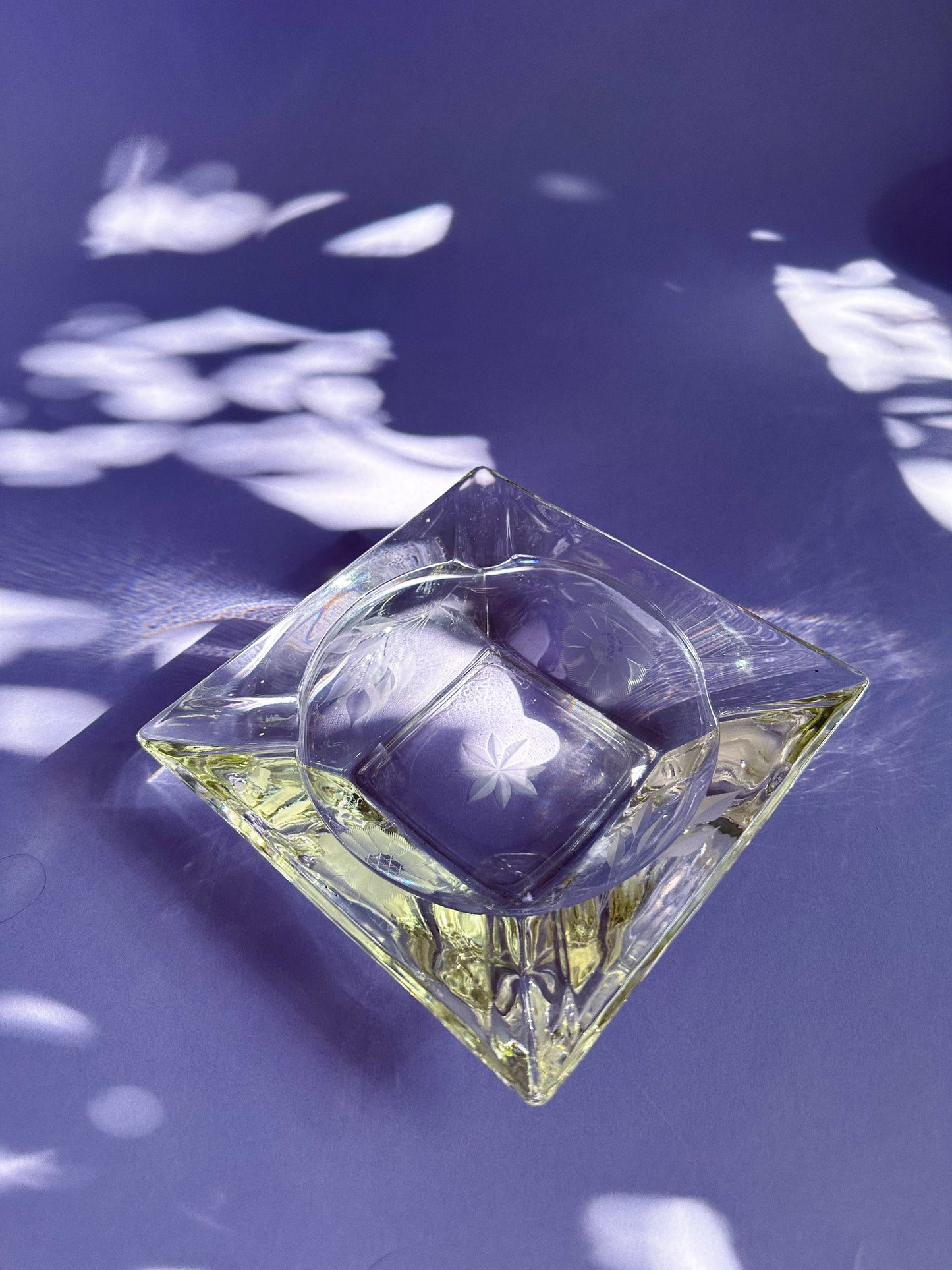 Vintage Crystal Ashtray / Throw Dish w Etched Flowers