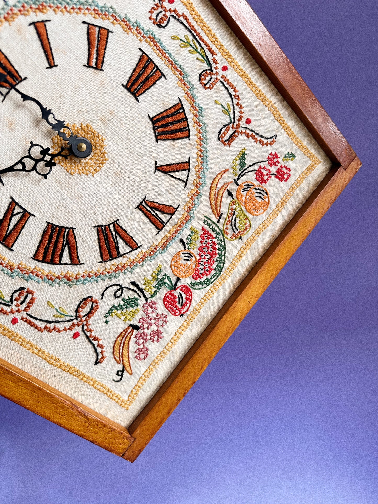 Americana Hand Embroidered Needlepoint Wall Clock, Vintage Handmade