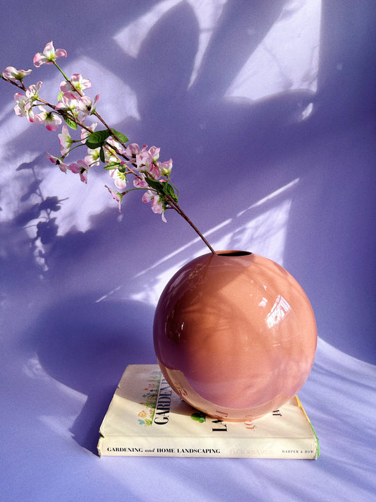 Vintage 80s Peach Art Deco Revival Round Vase