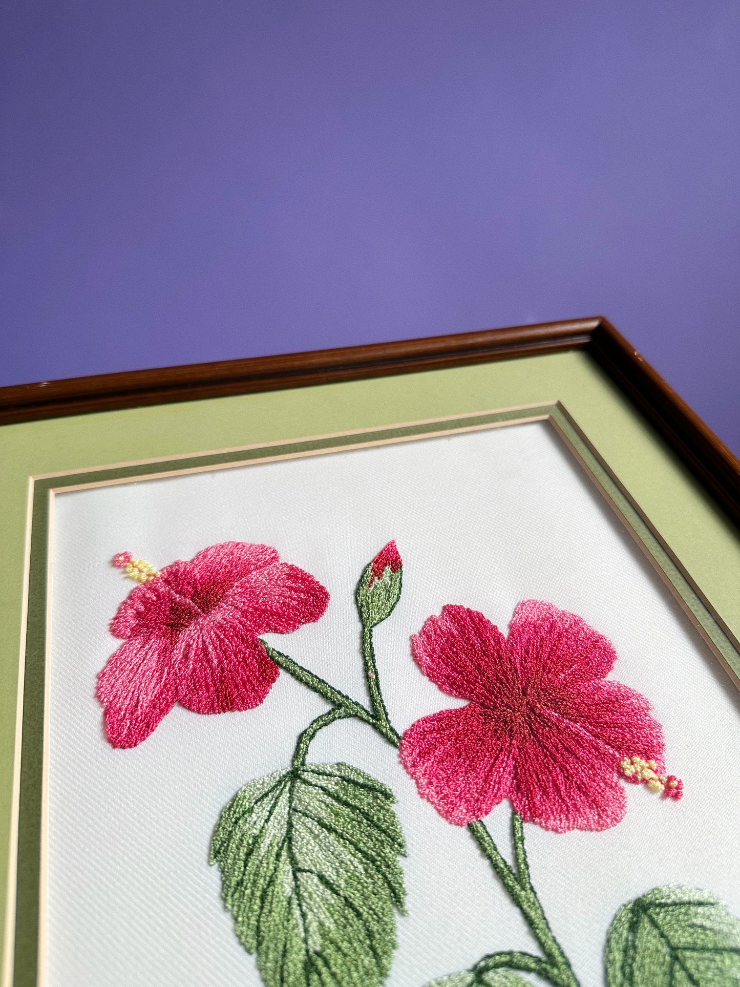 Vintage Pair of Japanese Red Floral Framed Crewel