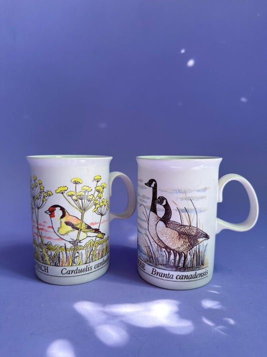 Dunoon Scotland Stoneware Coffee Tea Mugs Goldfinch and Canada Goose Birds