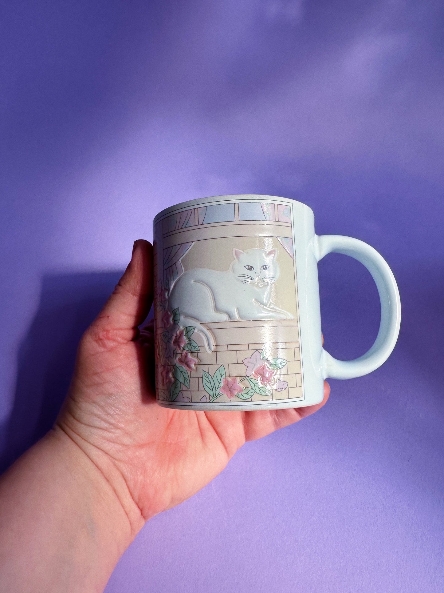 Vintage Otagiri Japan White Cat In Window Raised Embossed Curtis Swann Coffee Mug