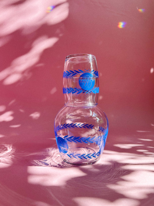 Vintage Crystal Libbey Glass Advertising Tumble Up Guest Pitcher Set c.1935