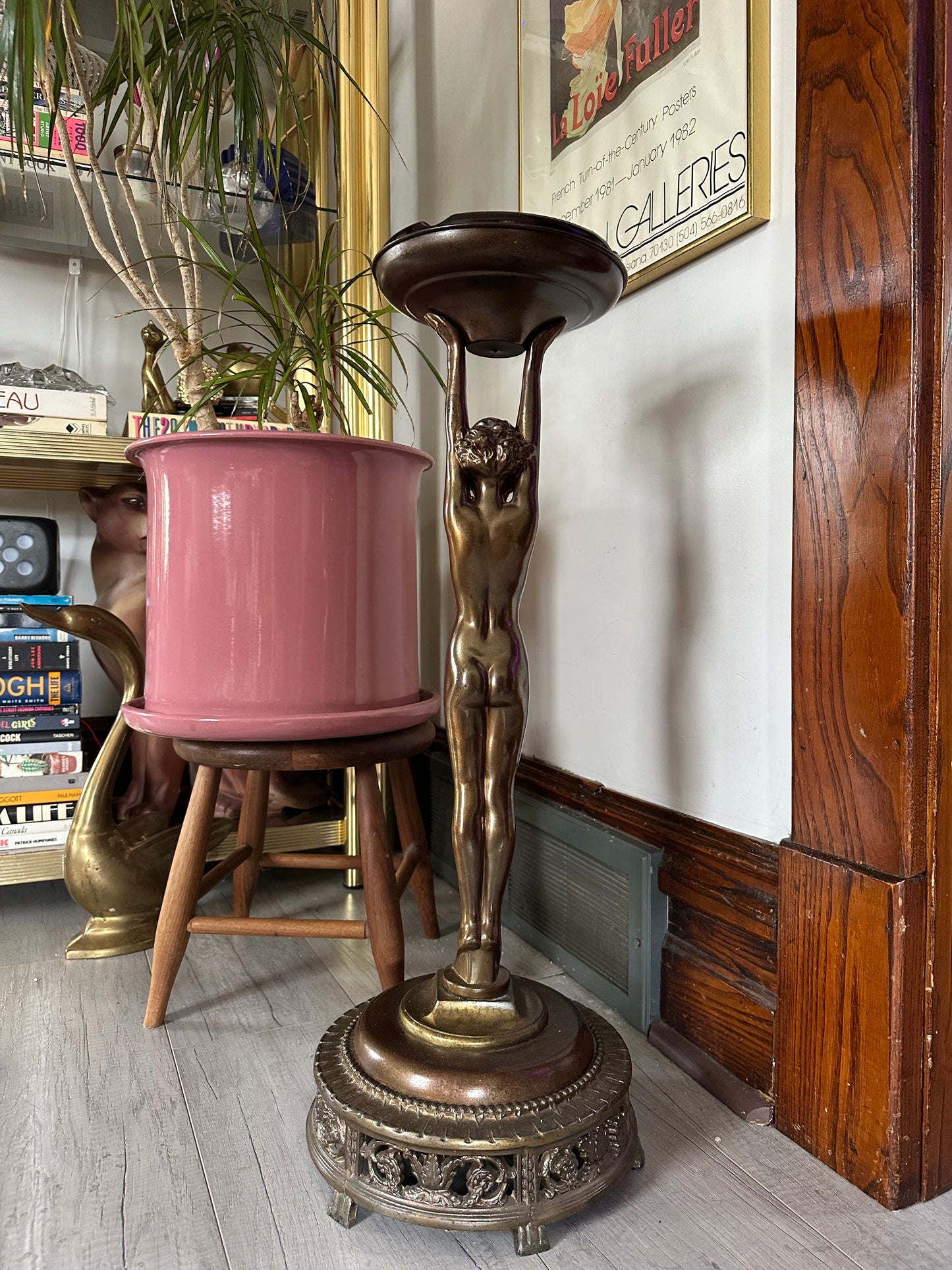Art Deco Bronzed Spelter Nude Woman Stranding Ashtray | Plant Stand