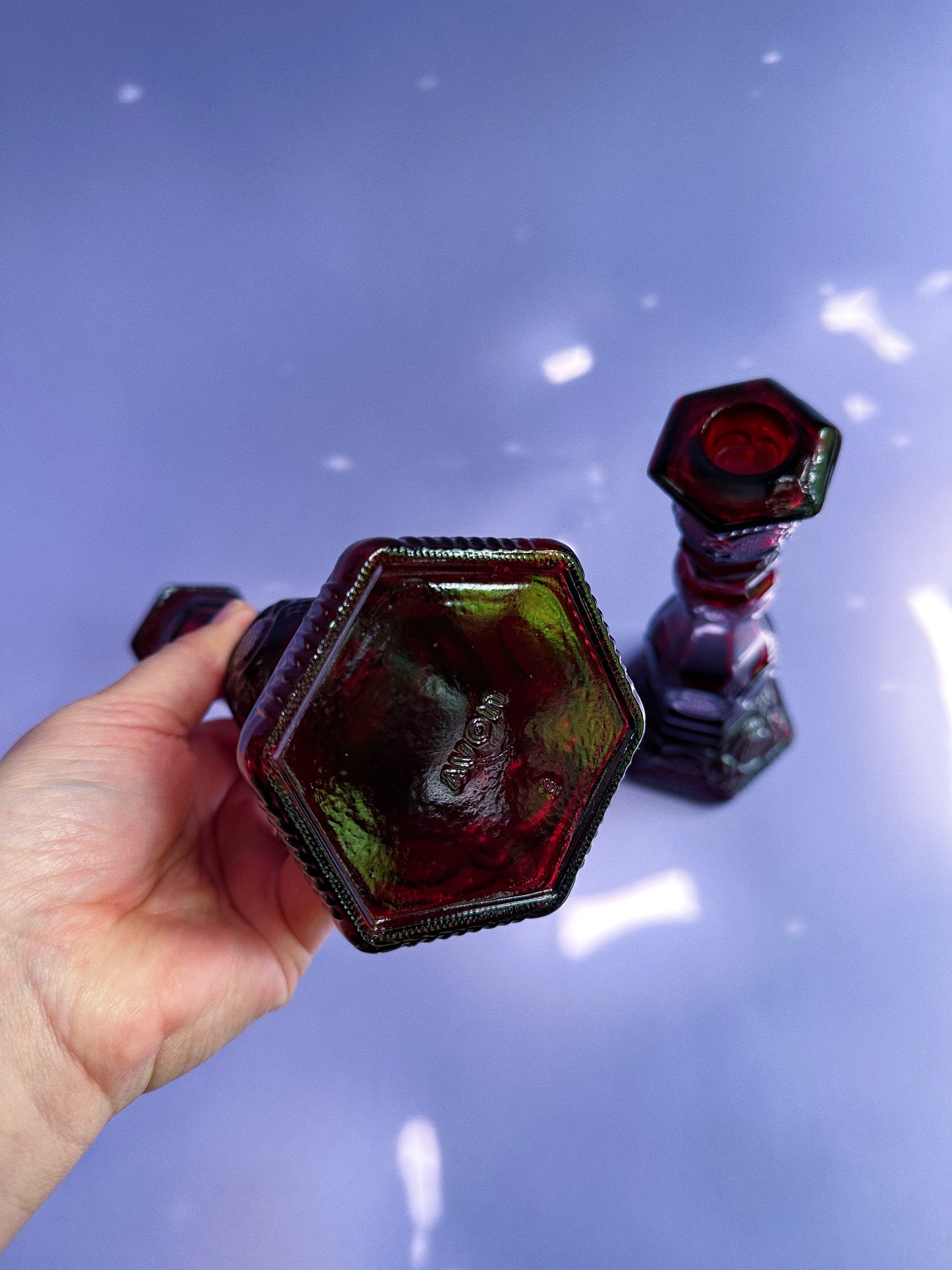 Pair of Vintage Avon 1876 Cape Cod Ruby Red Glass Cologne Bottle Candlesticks