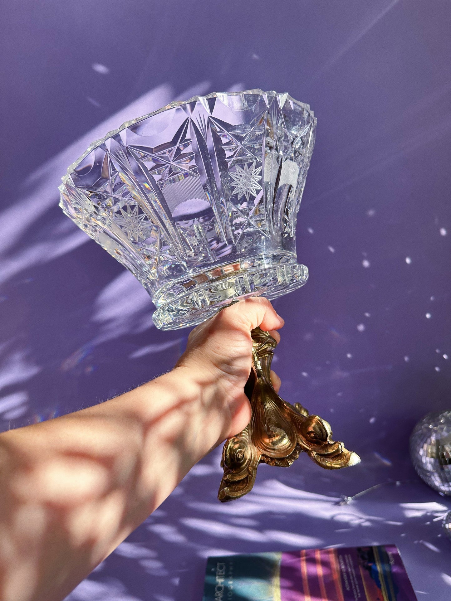 L&L Cut Glass Pedestal Centerpiece Bowl Bronze Brass 9 1/8 X 8 1/2"