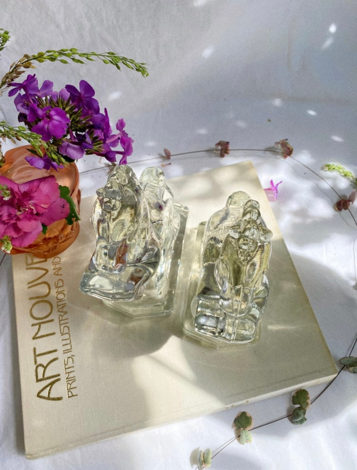 Heavy Clear Glass Vintage Rearing Horse Bookends