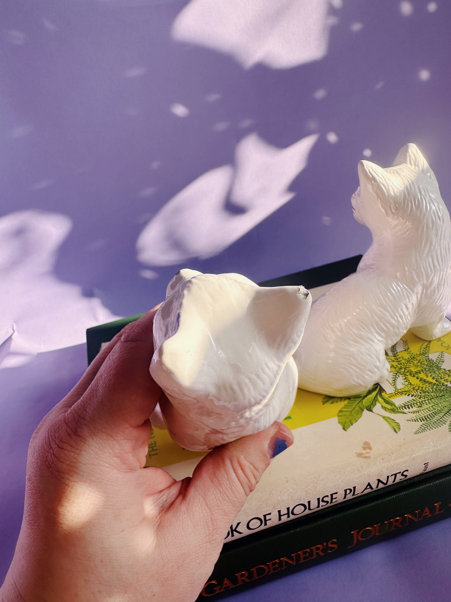 Vintage Pair of Ceramic White Cat Sculptures w Purple Details