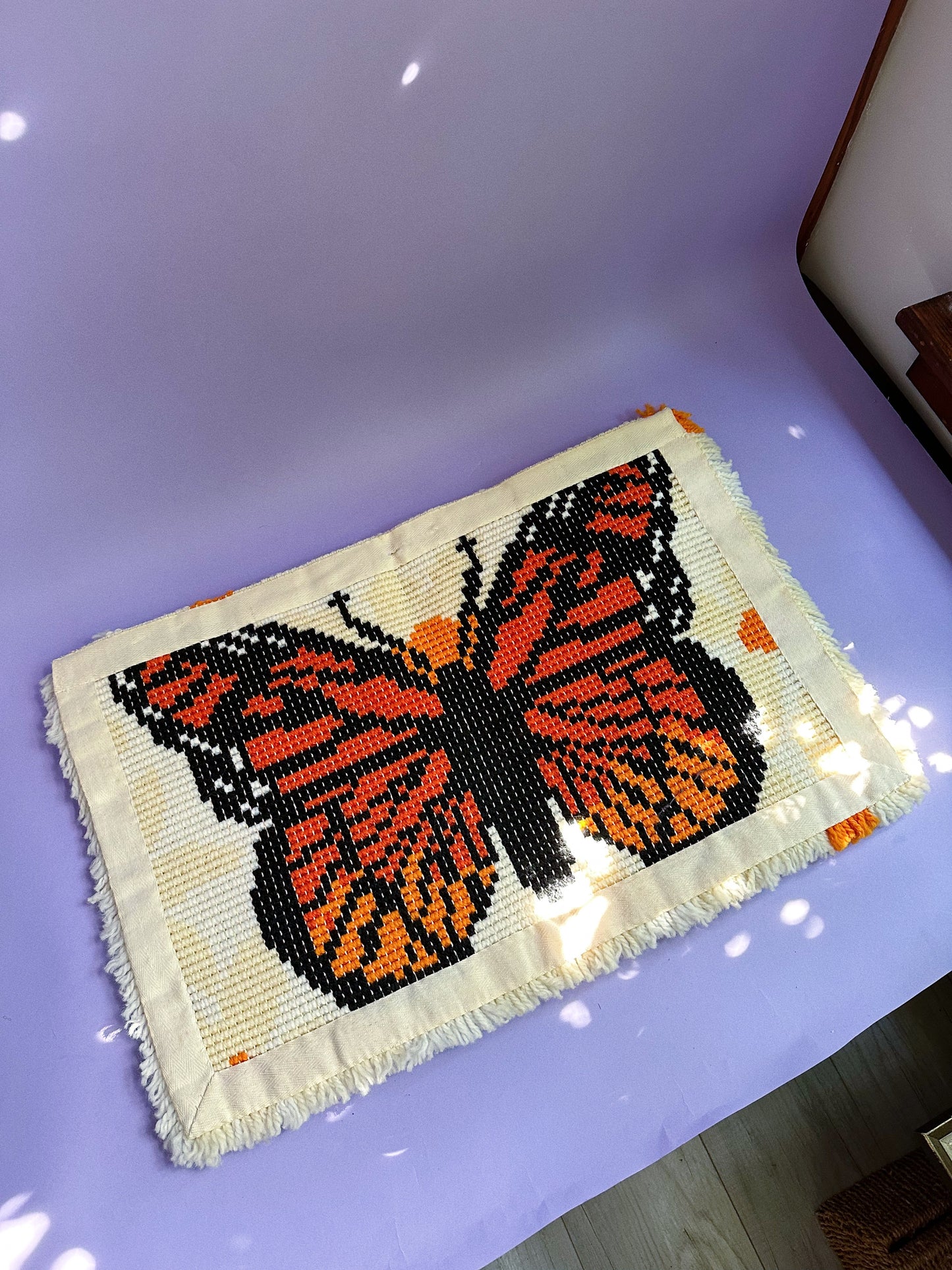 Vintage 1970s Monarch Butterfly Latch Hook Wall Tapestry Rug Yellow Orange