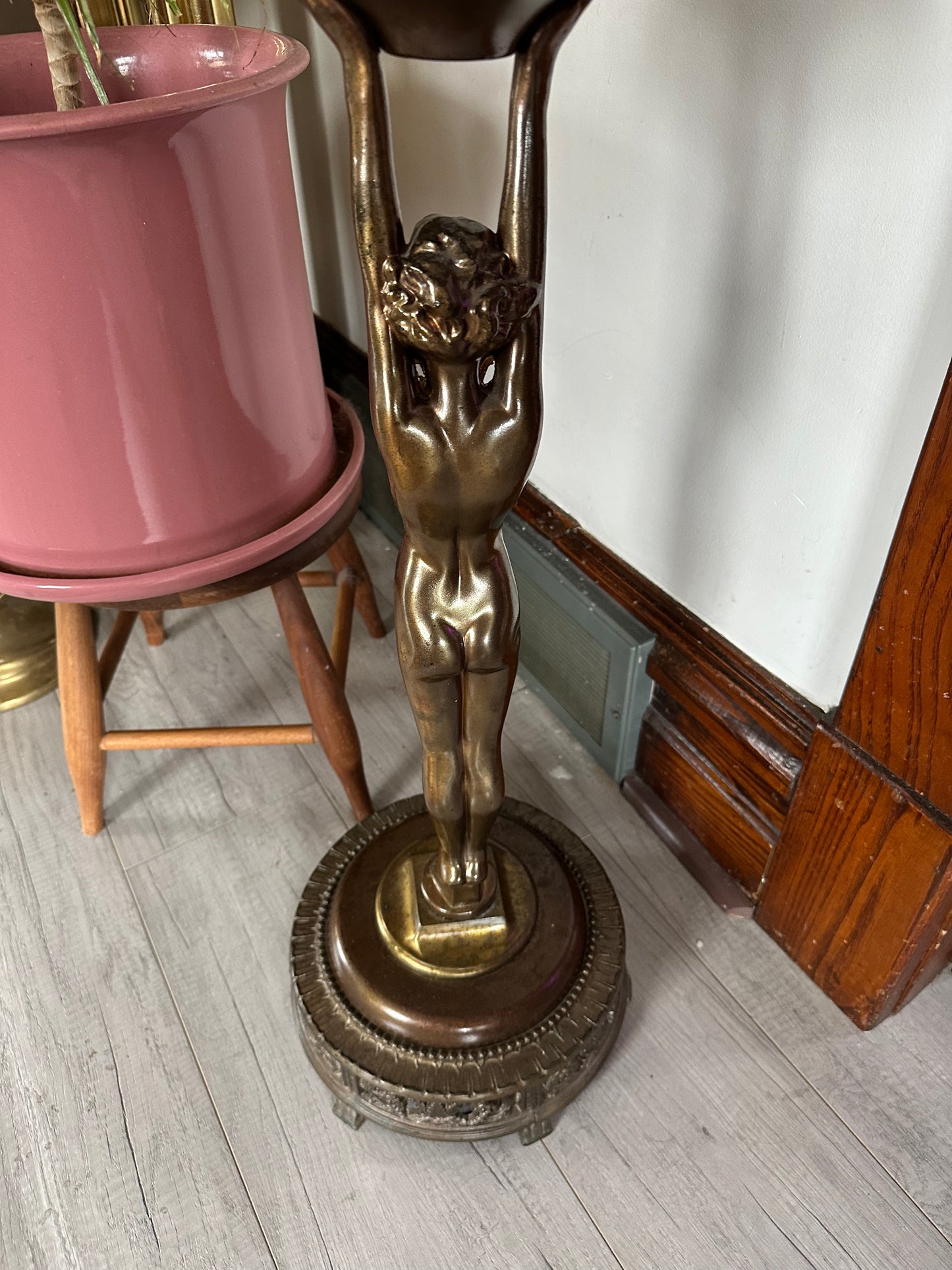 Art Deco Bronzed Spelter Nude Woman Stranding Ashtray | Plant Stand