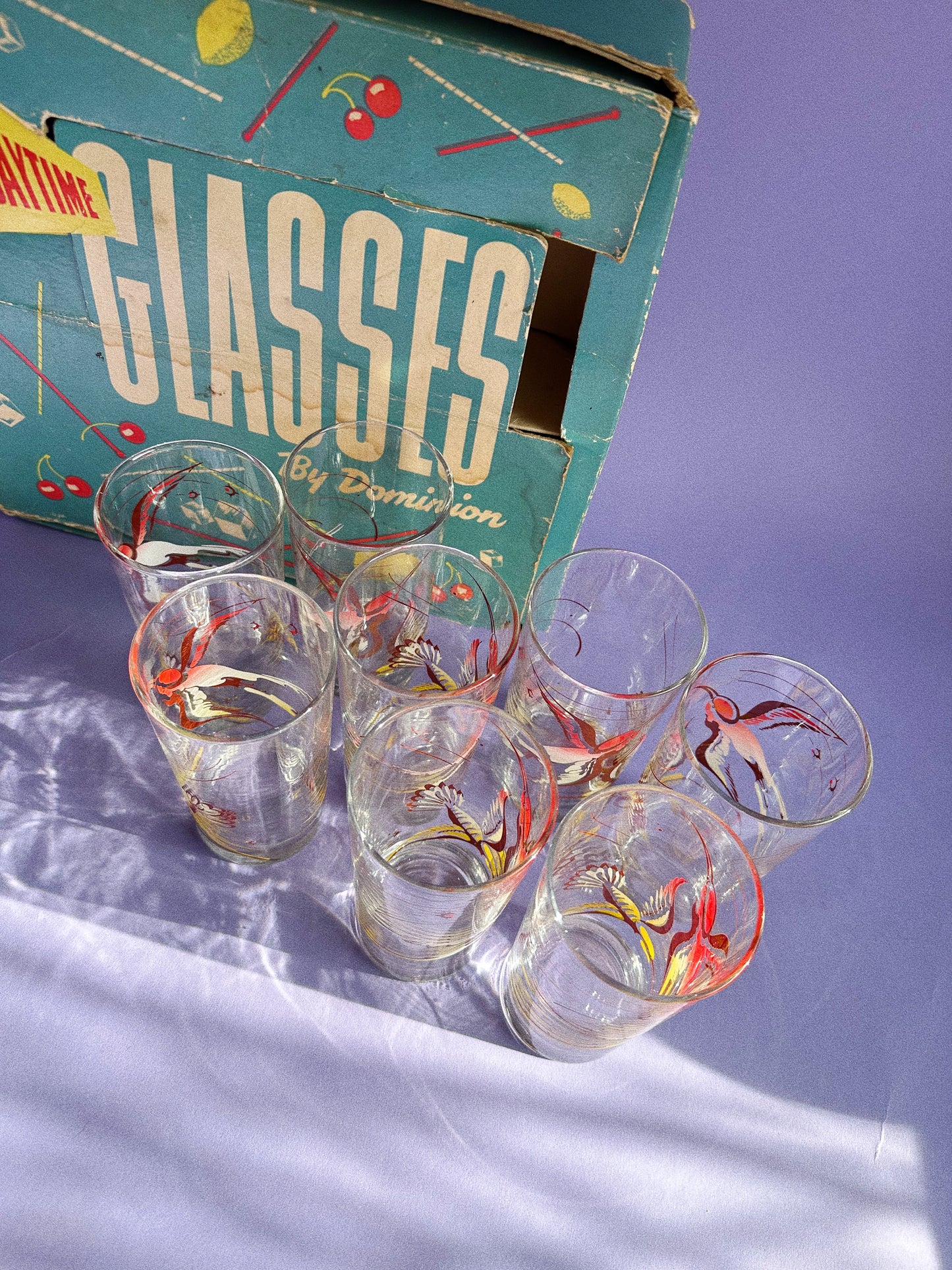 Vintage 1960s Cocktail Glass Set of 8, Red and Yellow Birds In Box Gaytime Glass
