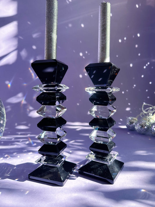 Vintage Heavy Crystal Black & Clear Candle Holders Candlesticks