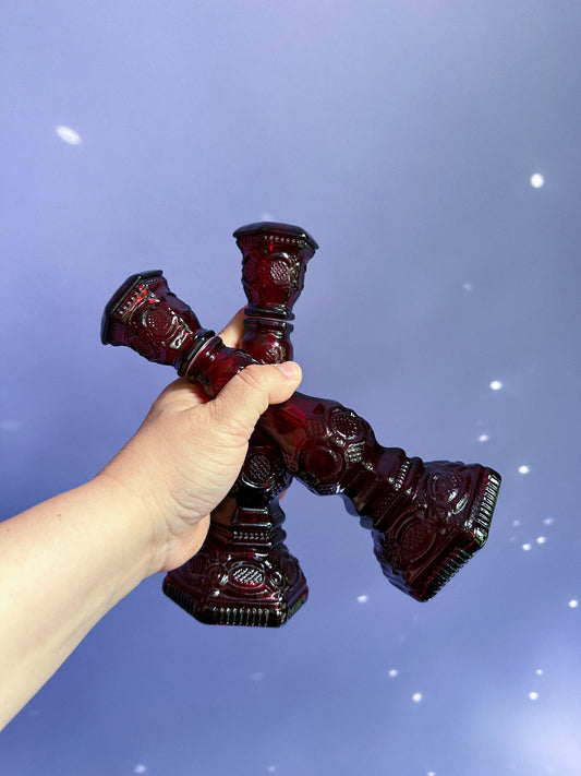 Pair of Vintage Avon 1876 Cape Cod Ruby Red Glass Cologne Bottle Candlesticks