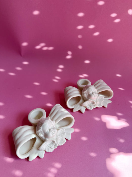 Vintage White Porcelain Cherub & Bow Candlesticks for Taper Candles