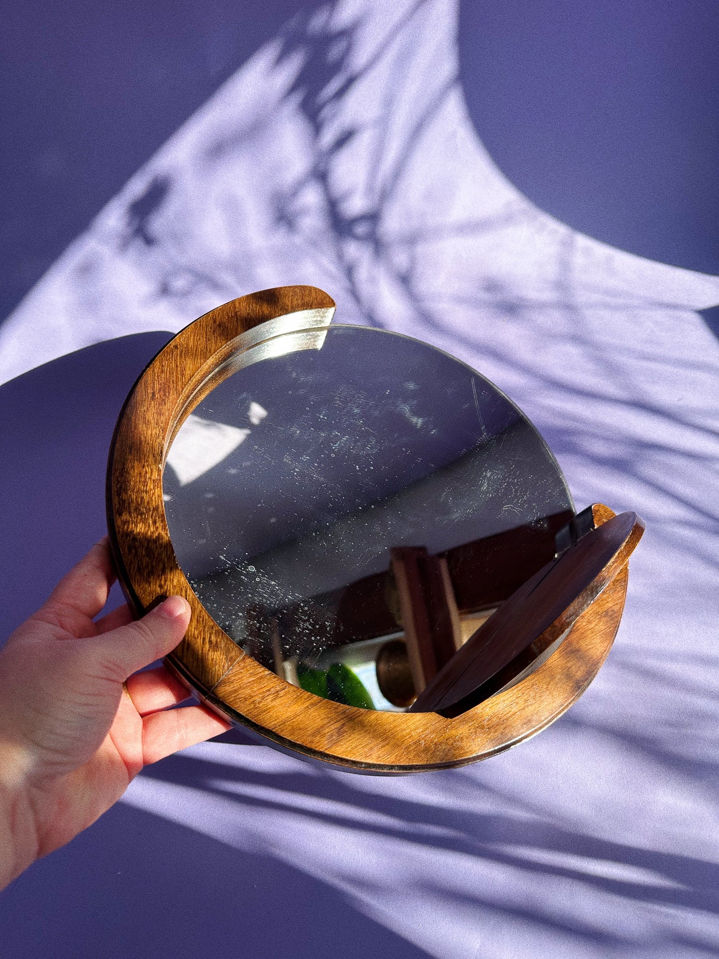 Vintage Handmade Dark Brown Wood Mirror & Shelf