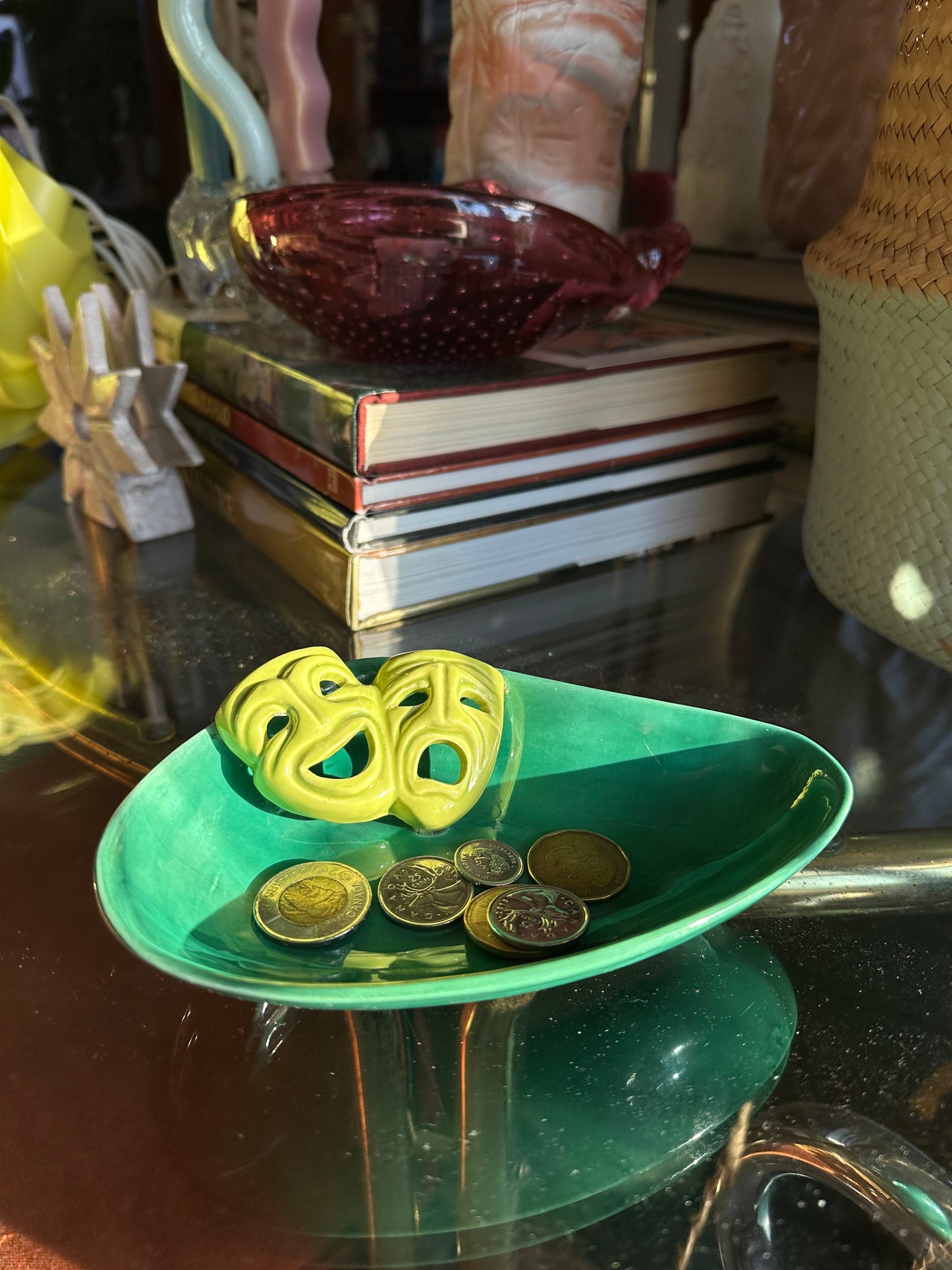 Vintage Mid Century Modern Green / Lime Dish W/ Comedy Tragedy Masks