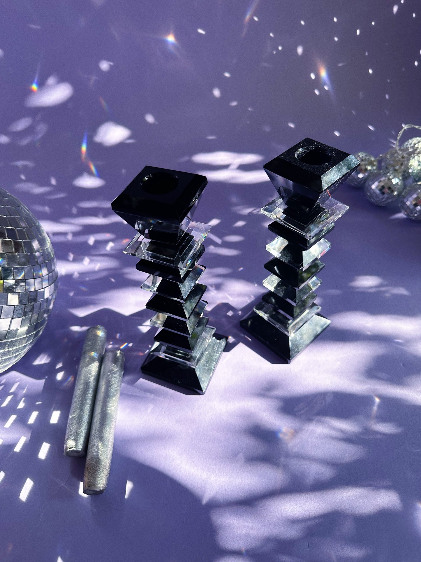 Vintage Heavy Crystal Black & Clear Candle Holders Candlesticks