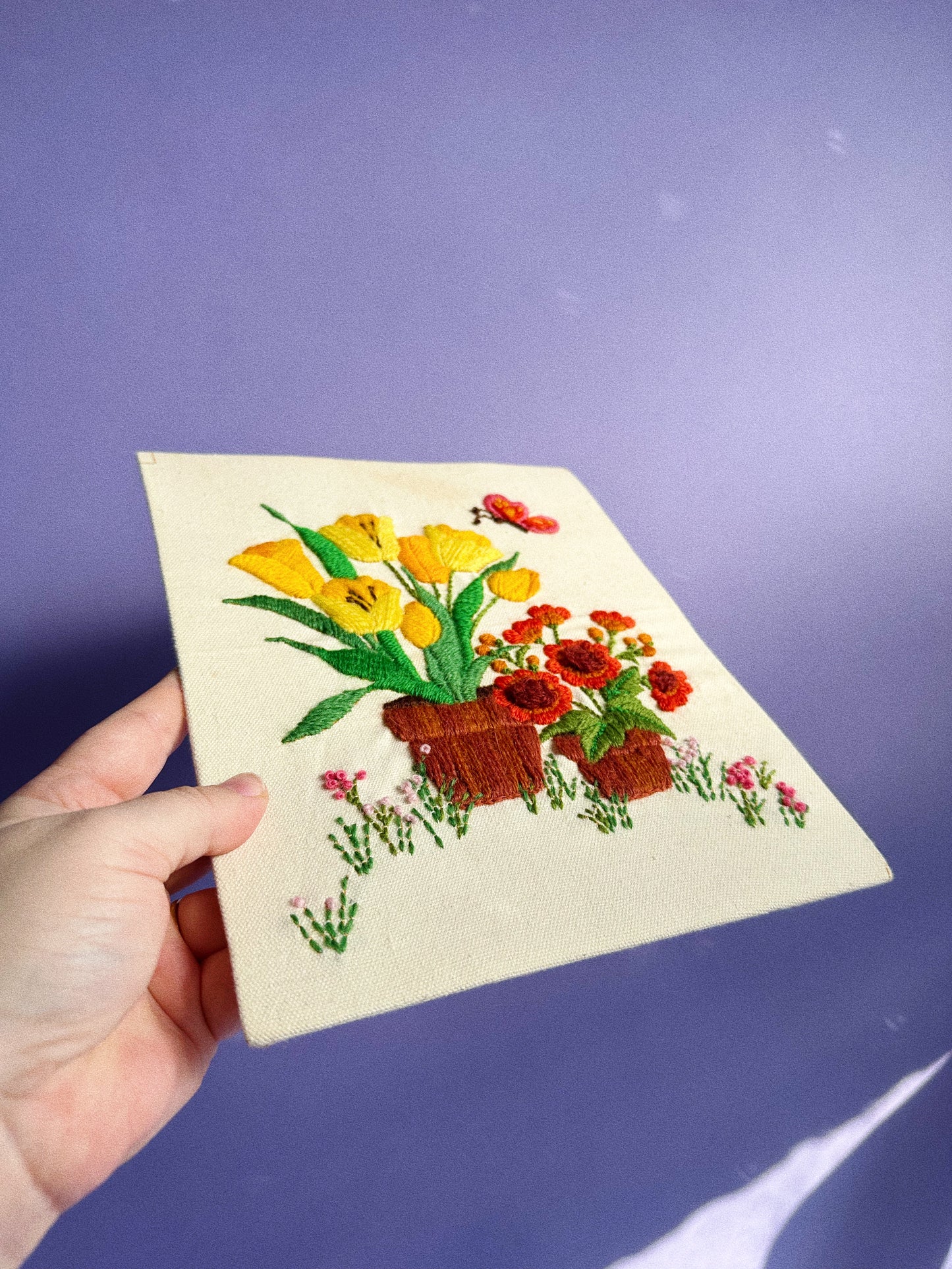 Vintage Unframed Tulips & Flowers Embroidered Crewel