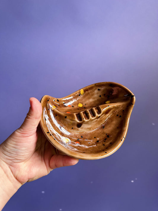 Vintage Glazed Brown Speckled Ceramic Ashtray / Throw Dish