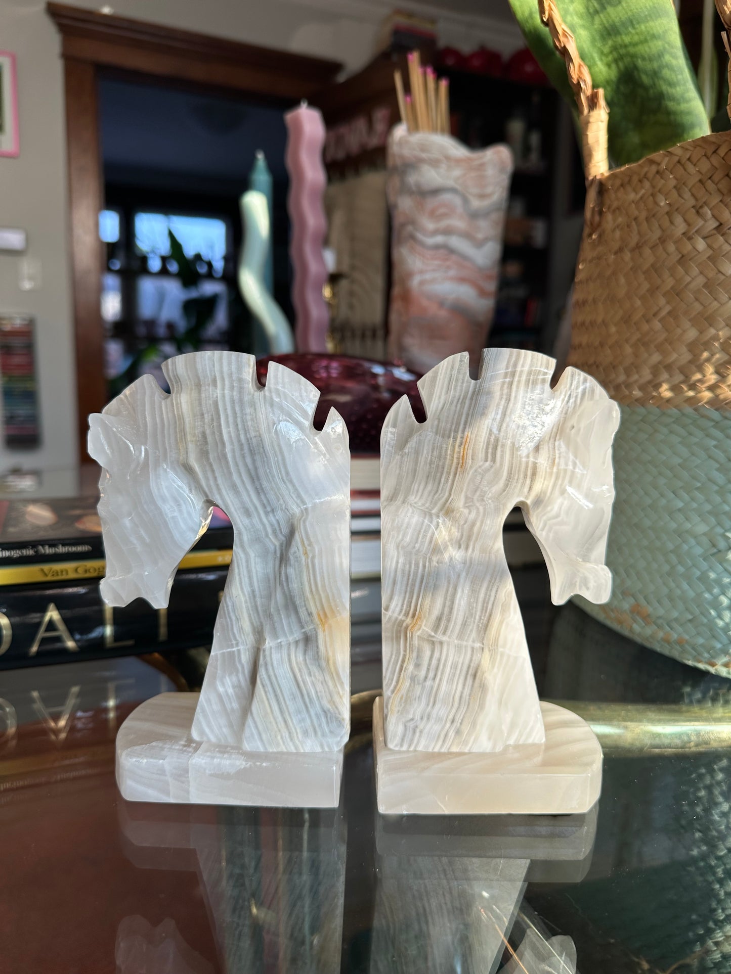 Vintage Pair Carved Onyx Stone Trojan Horse Head Bookends 6 1/4”