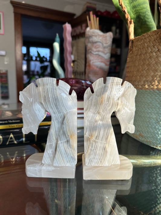 Vintage Pair Carved Onyx Stone Trojan Horse Head Bookends 6 1/4”