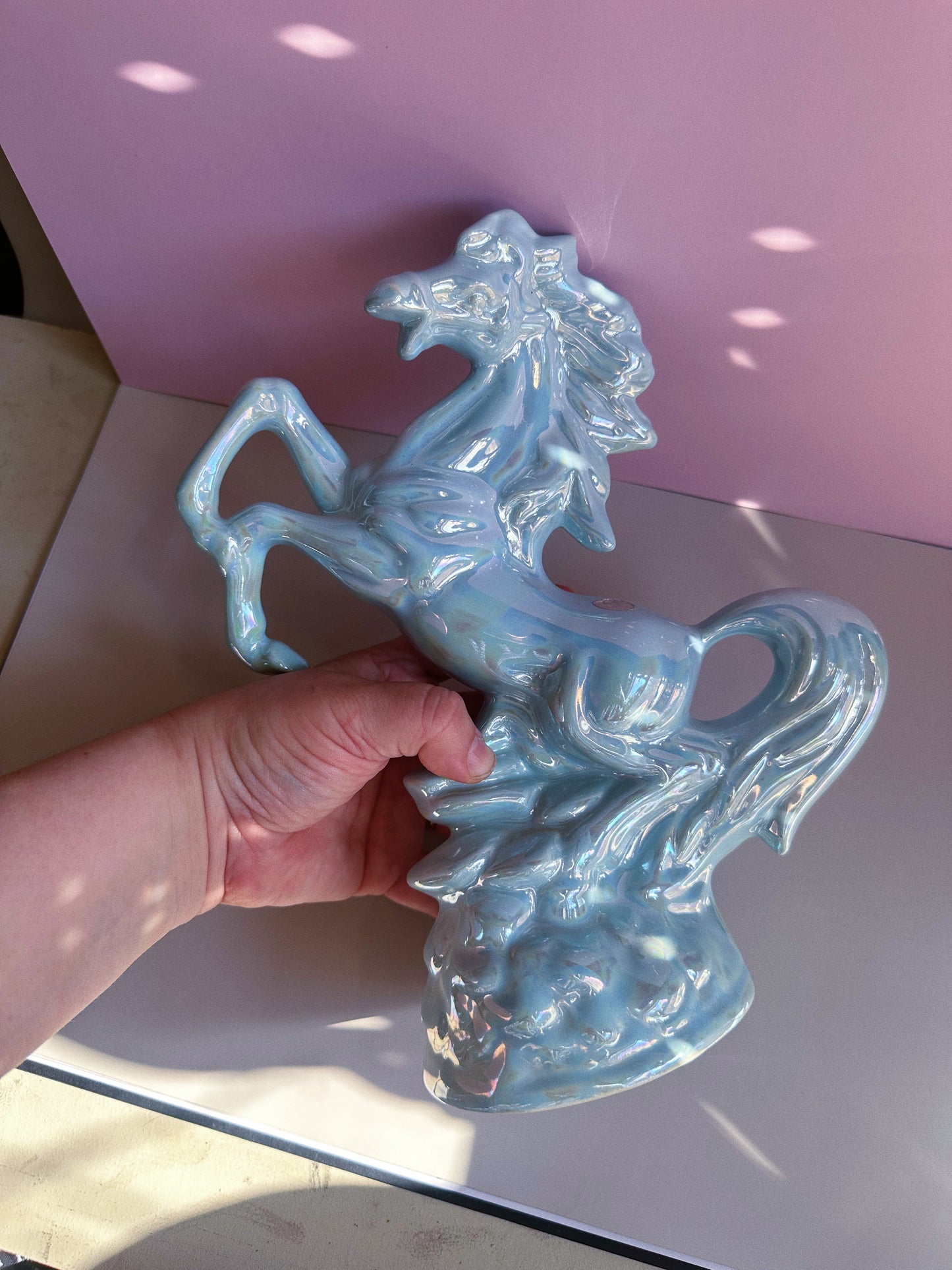Vintage Ceramic Rearing Horse Figurine - Iridescent Light Blue - Portugal