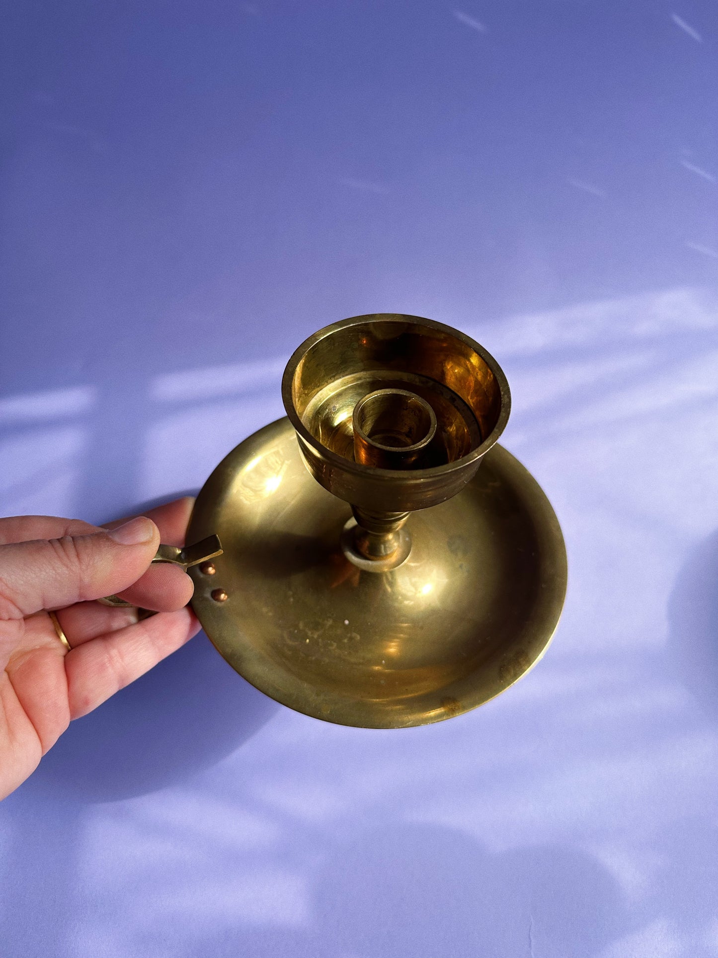 Vintage Brass Chamber Style Finger-Loop Candlestick Holder