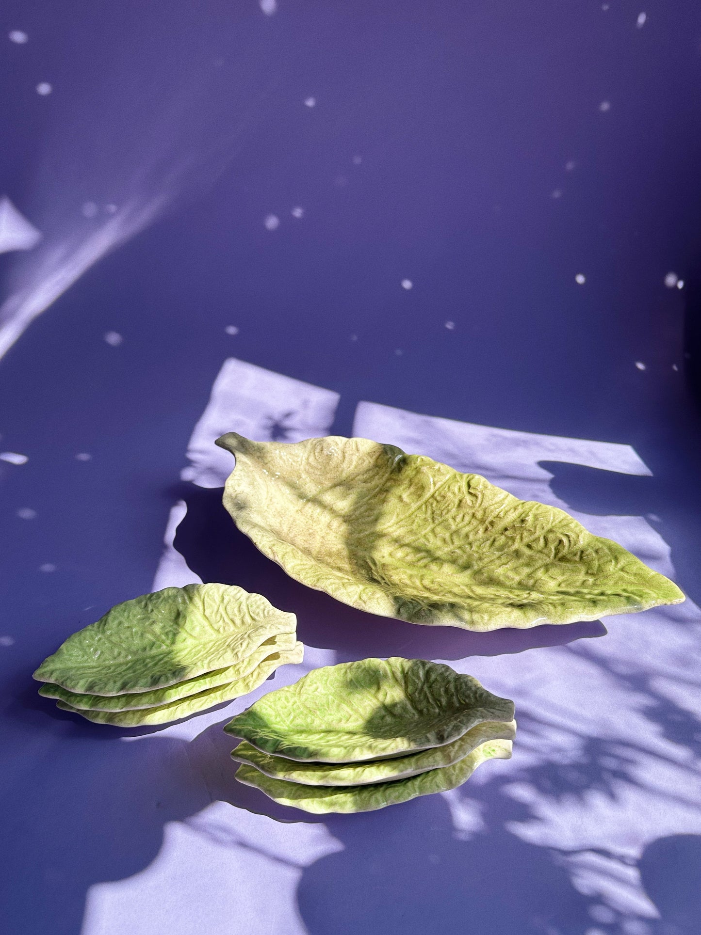 Vintage Majolica Green Leaf Lettuce Cabbage Snack Tray + 6 Leaf Dishes Japan