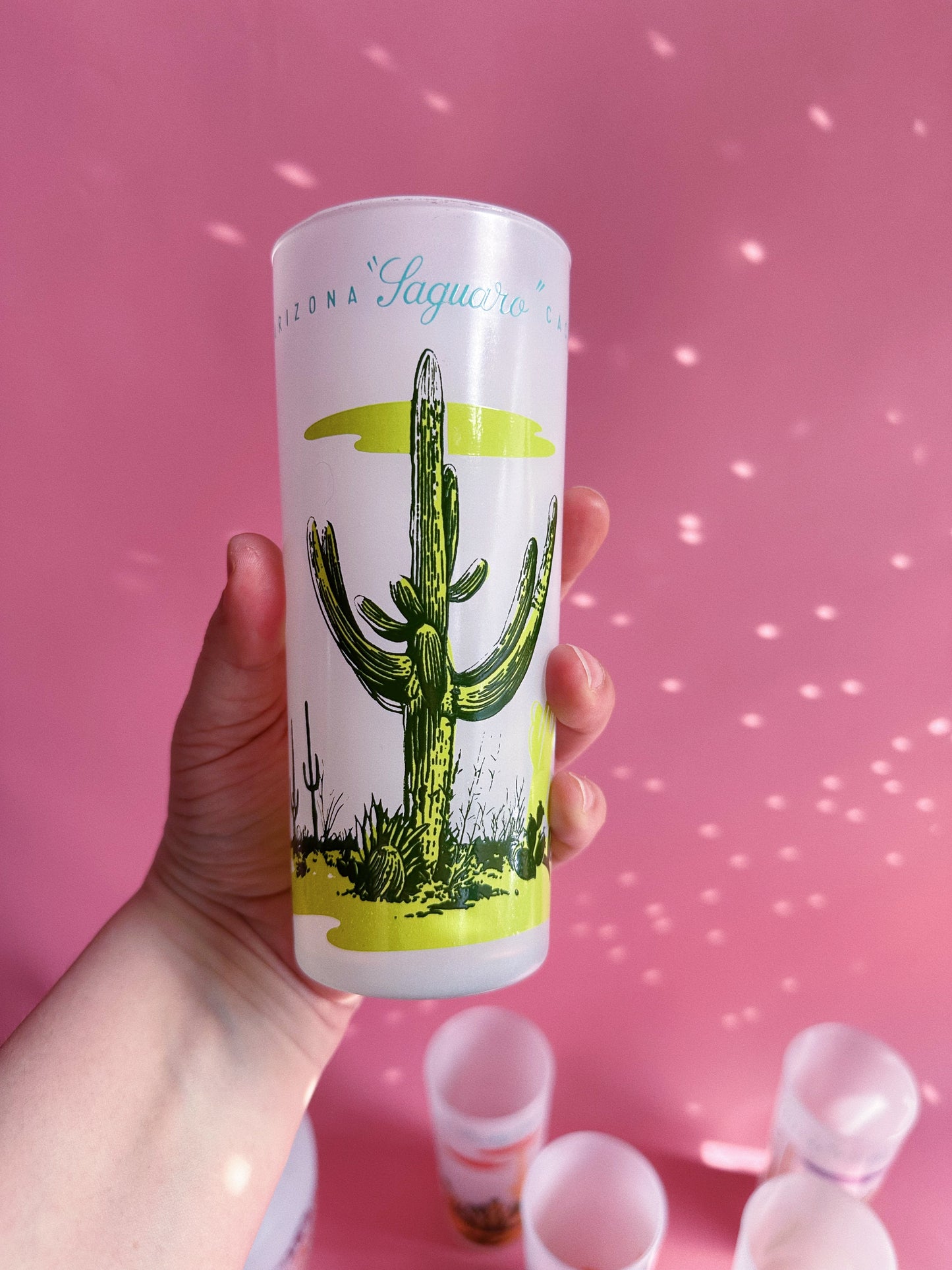 Vintage MCM Blakely Oil & Gas Arizona Frosted 5 Tumbler Glasses & Pitcher Cacti