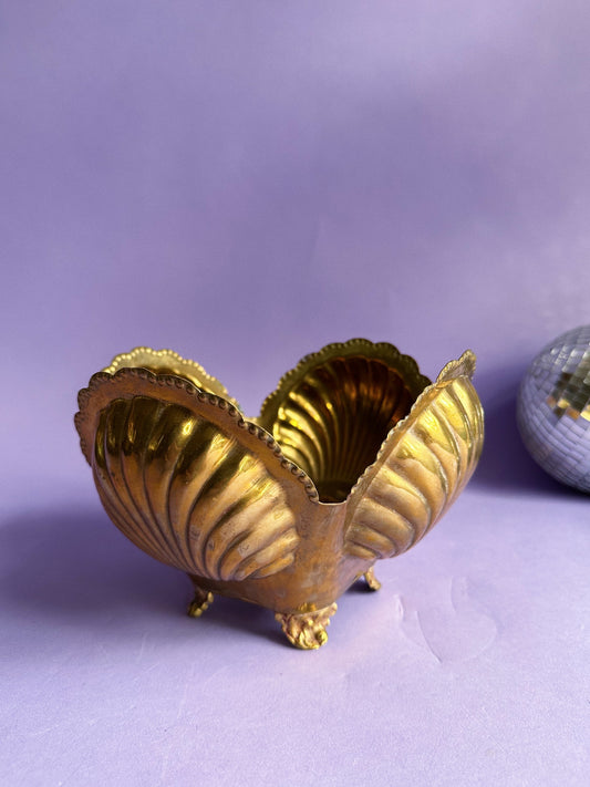 Vtg Hollywood Regency Mid Century Modern Brass Clam Seashell Cache Pot Planter