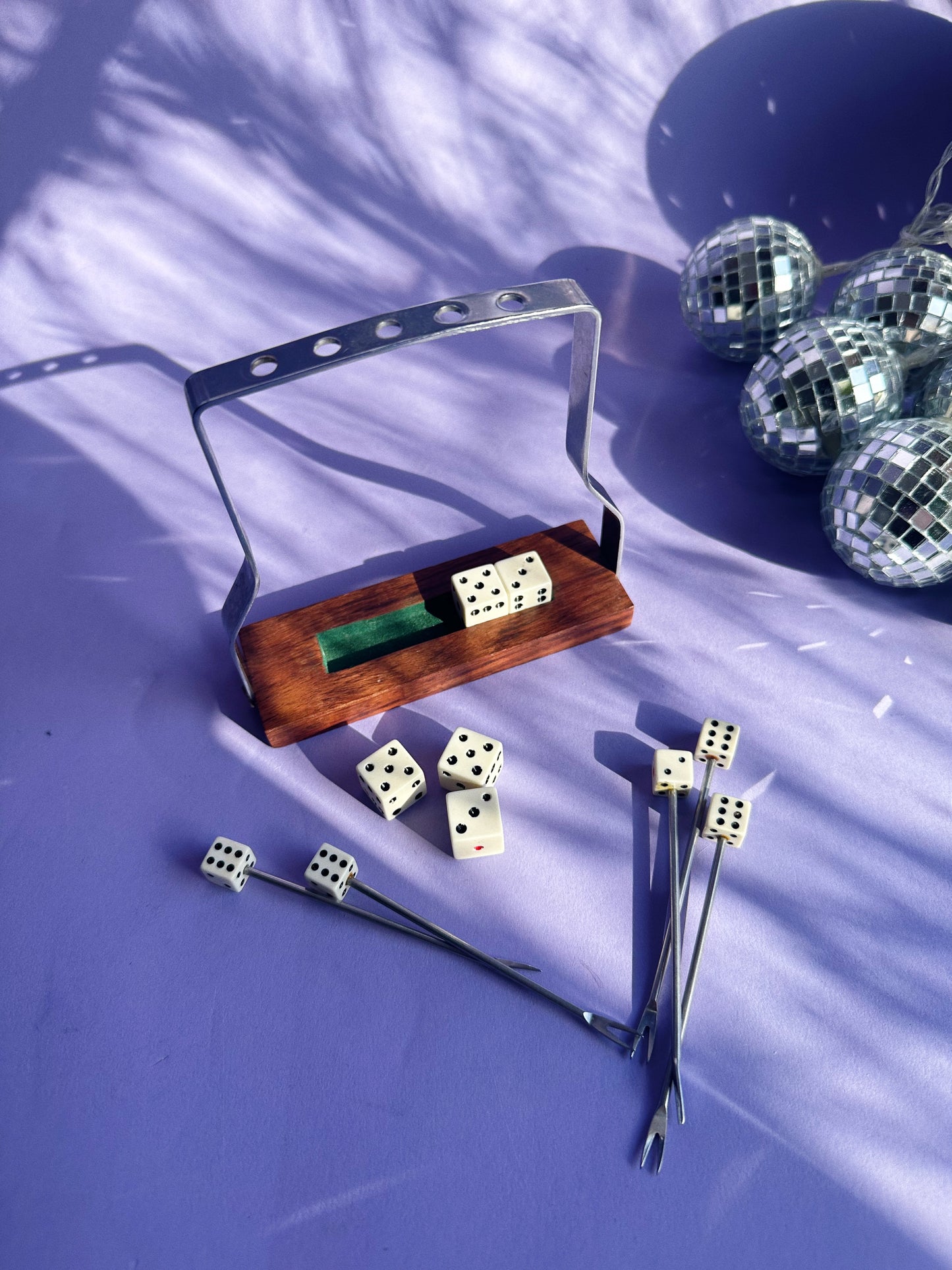Vintage Dice Cocktail Picks with Holder: Mid-Century Martini Olive Sticks