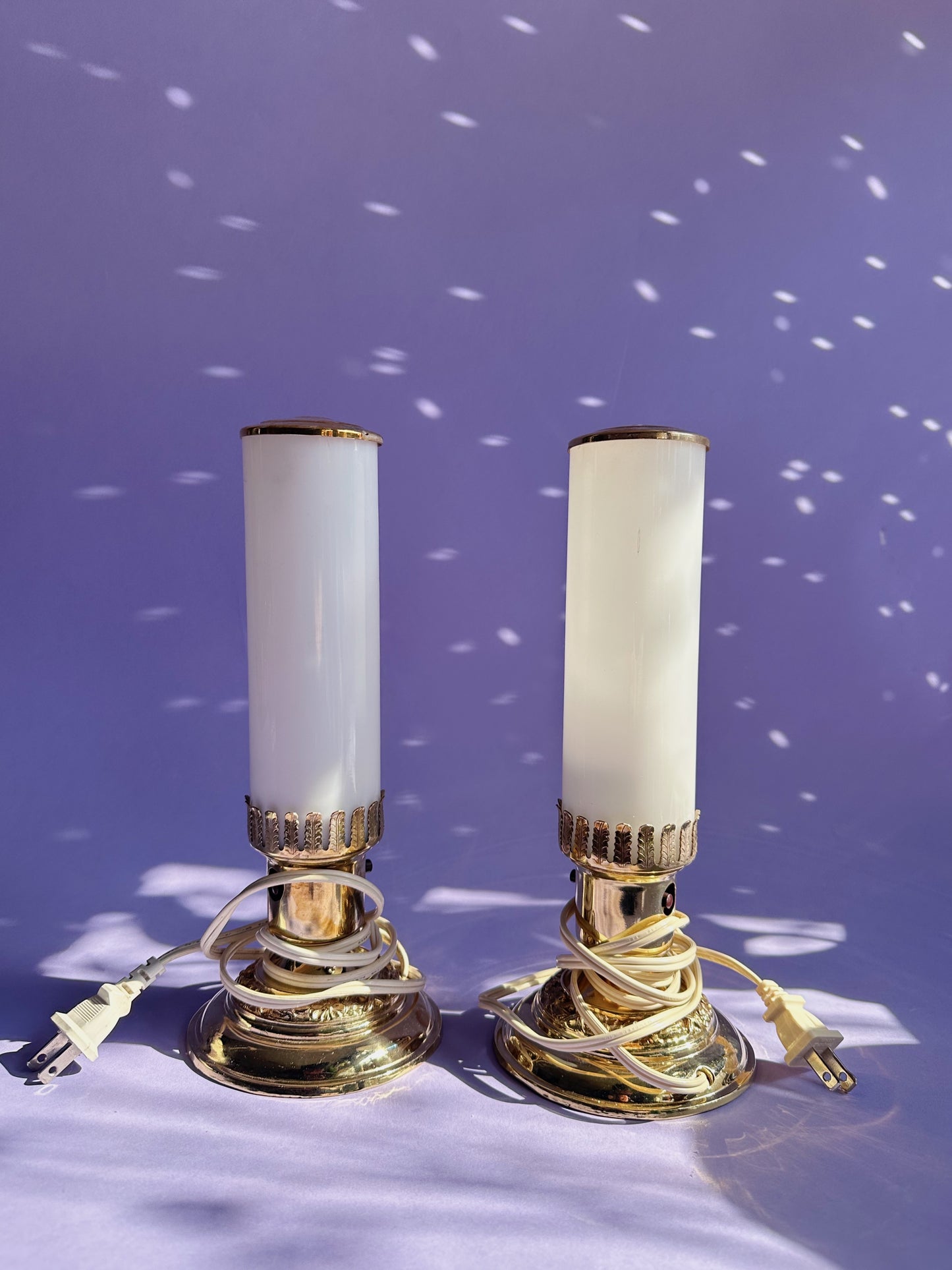 1930s Art Deco White Milk Glass Boudoir Skyscraper Silverware Table Lamps Rare