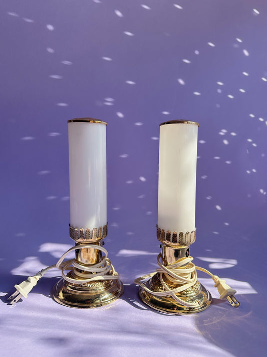 1930s Art Deco White Milk Glass Boudoir Skyscraper Silverware Table Lamps Rare