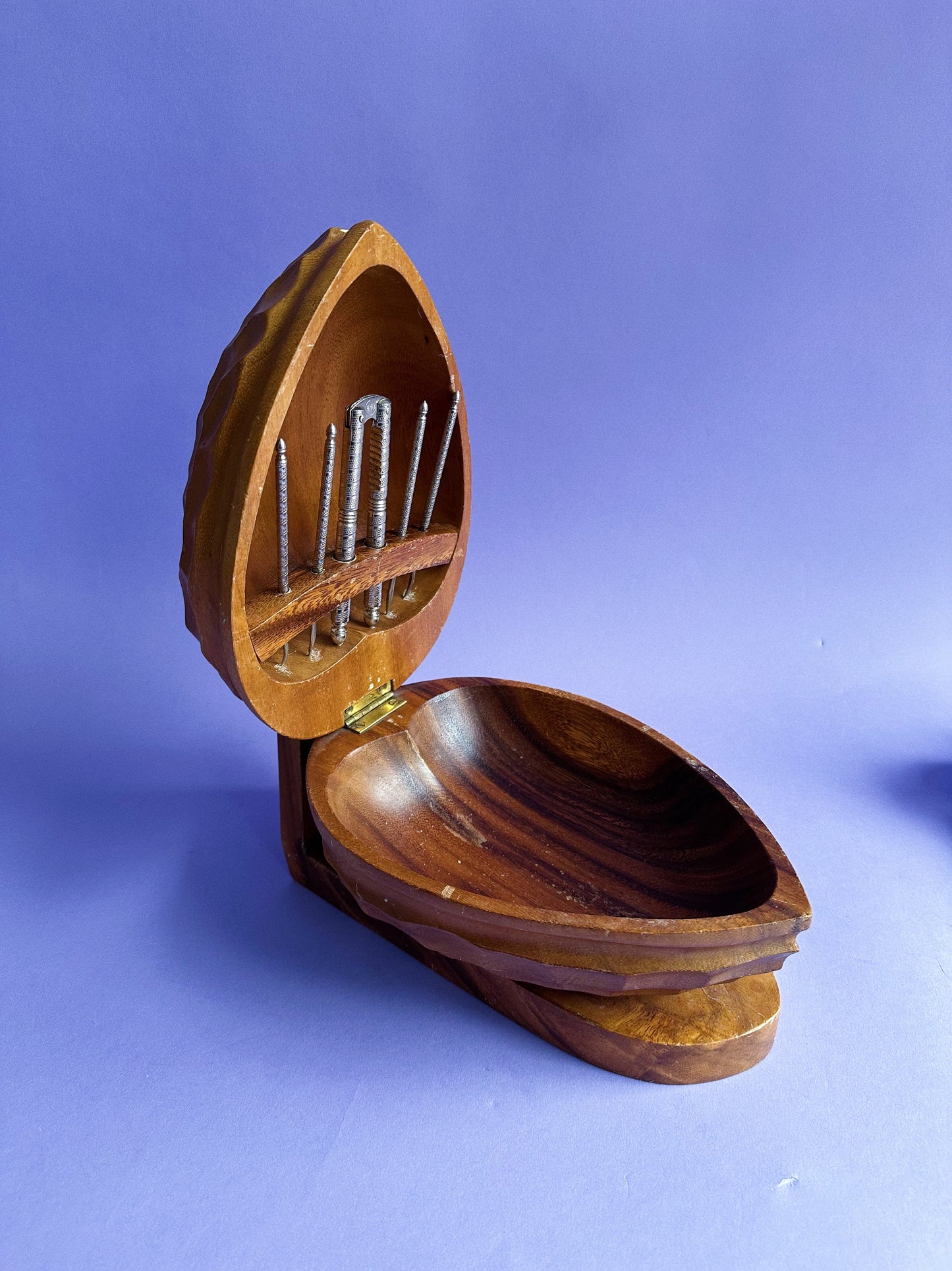 Vintage Carved Walnut Nut Cracker Bowl Set With Tools Mid Century 9½" X 6"